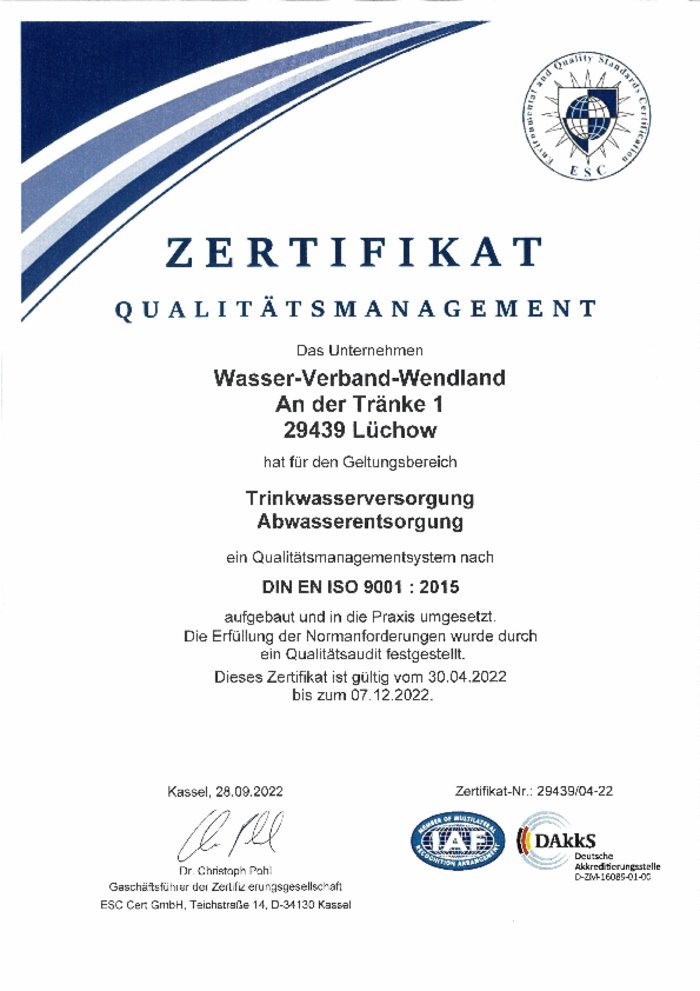 Zertifikat über ein Qualitätsmanagementsystem nach ISO 9001