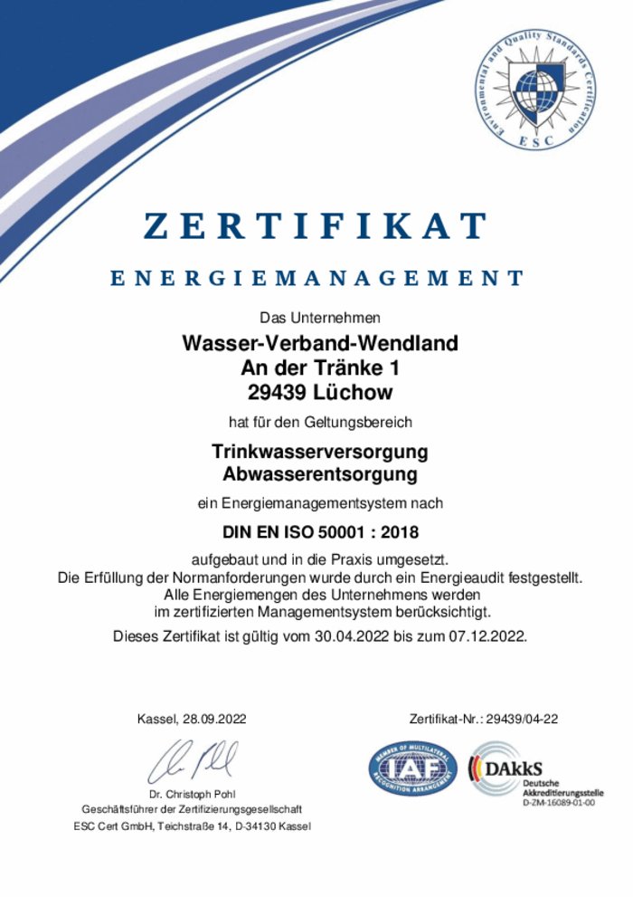 Zertifikat über ein Energiemanagementsystem nach ISO 50001